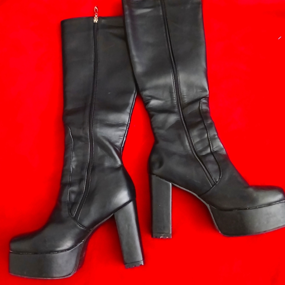 Black leather high boots